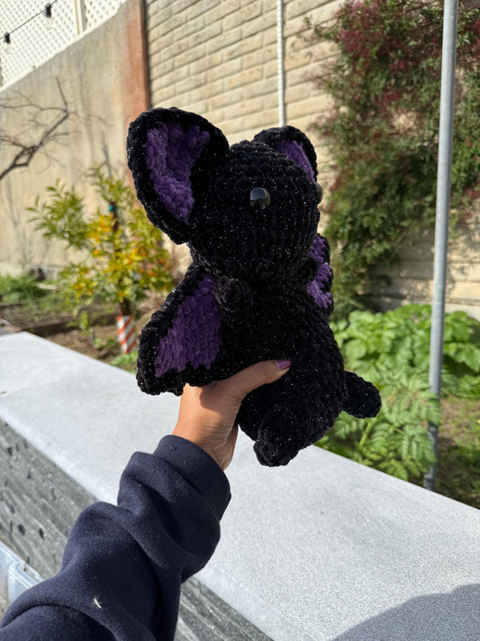 Sparkly Black and Purple Bat Amigurumi, Large Plushie Decor