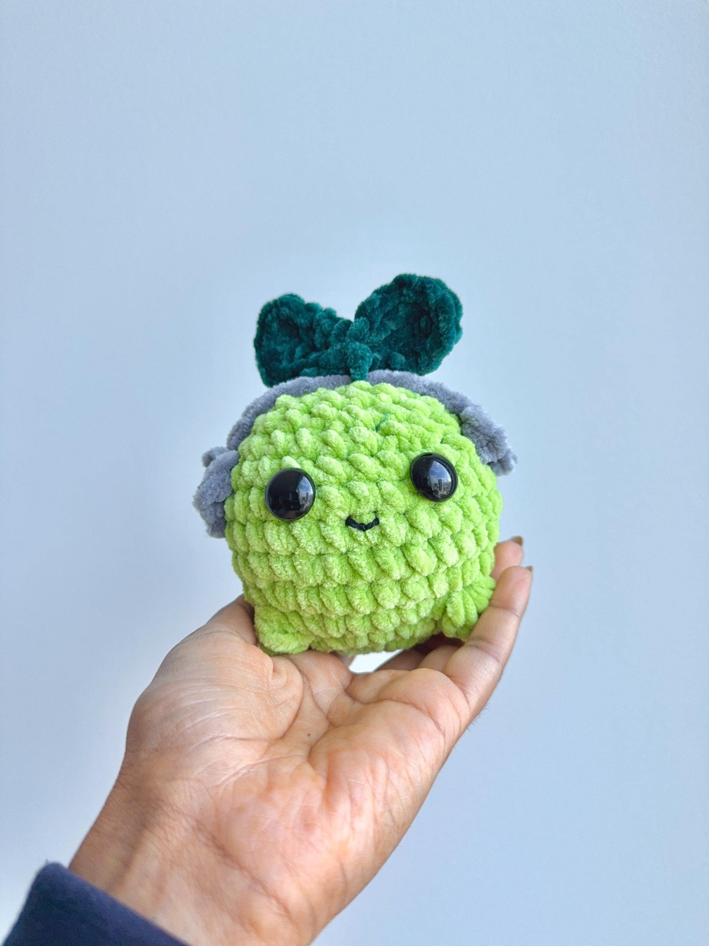 Crochet Lime Plushie with Headphones, Handmade Desk Buddy