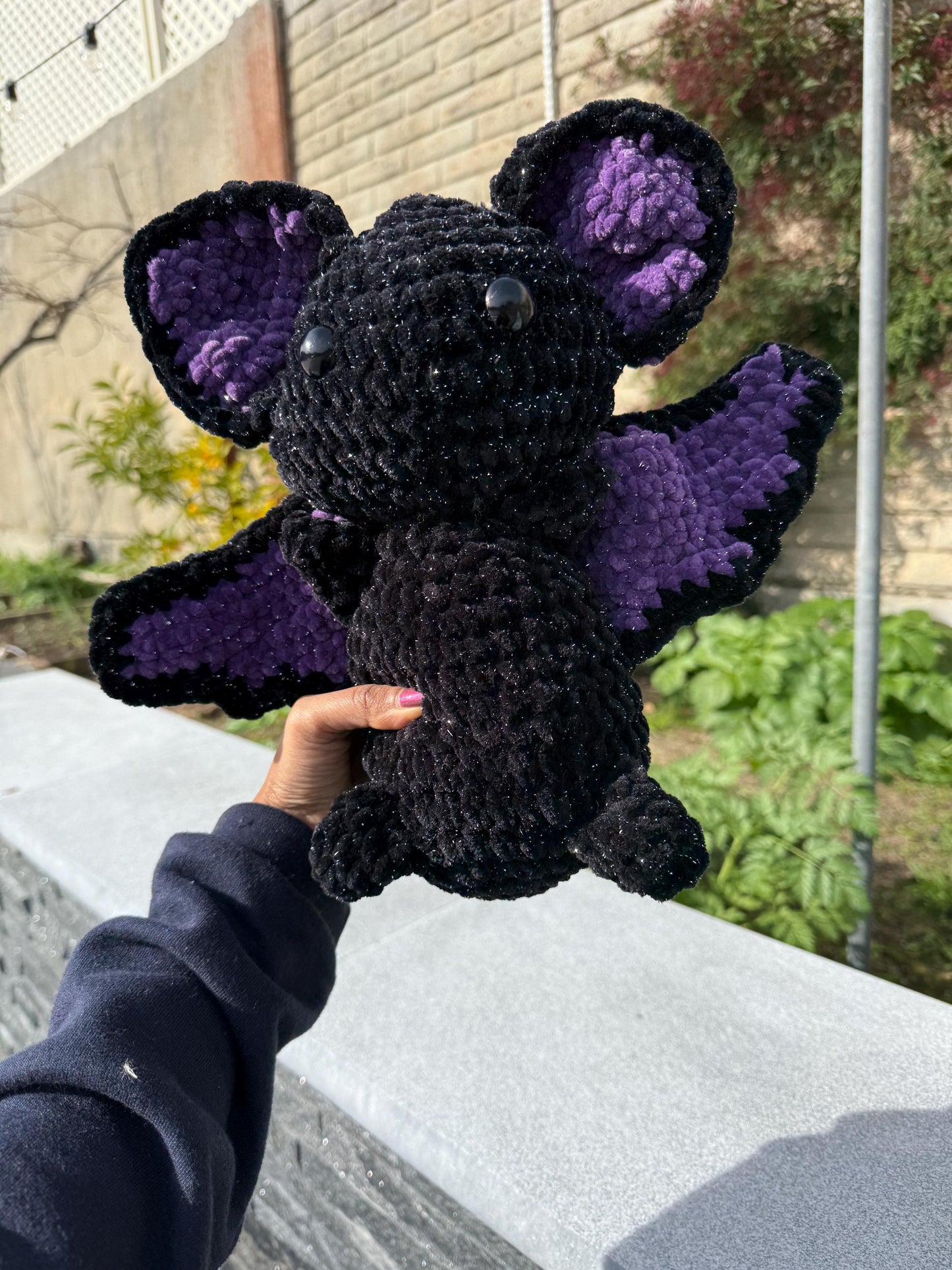 Sparkly Black and Purple Bat Amigurumi, Large Plushie Decor