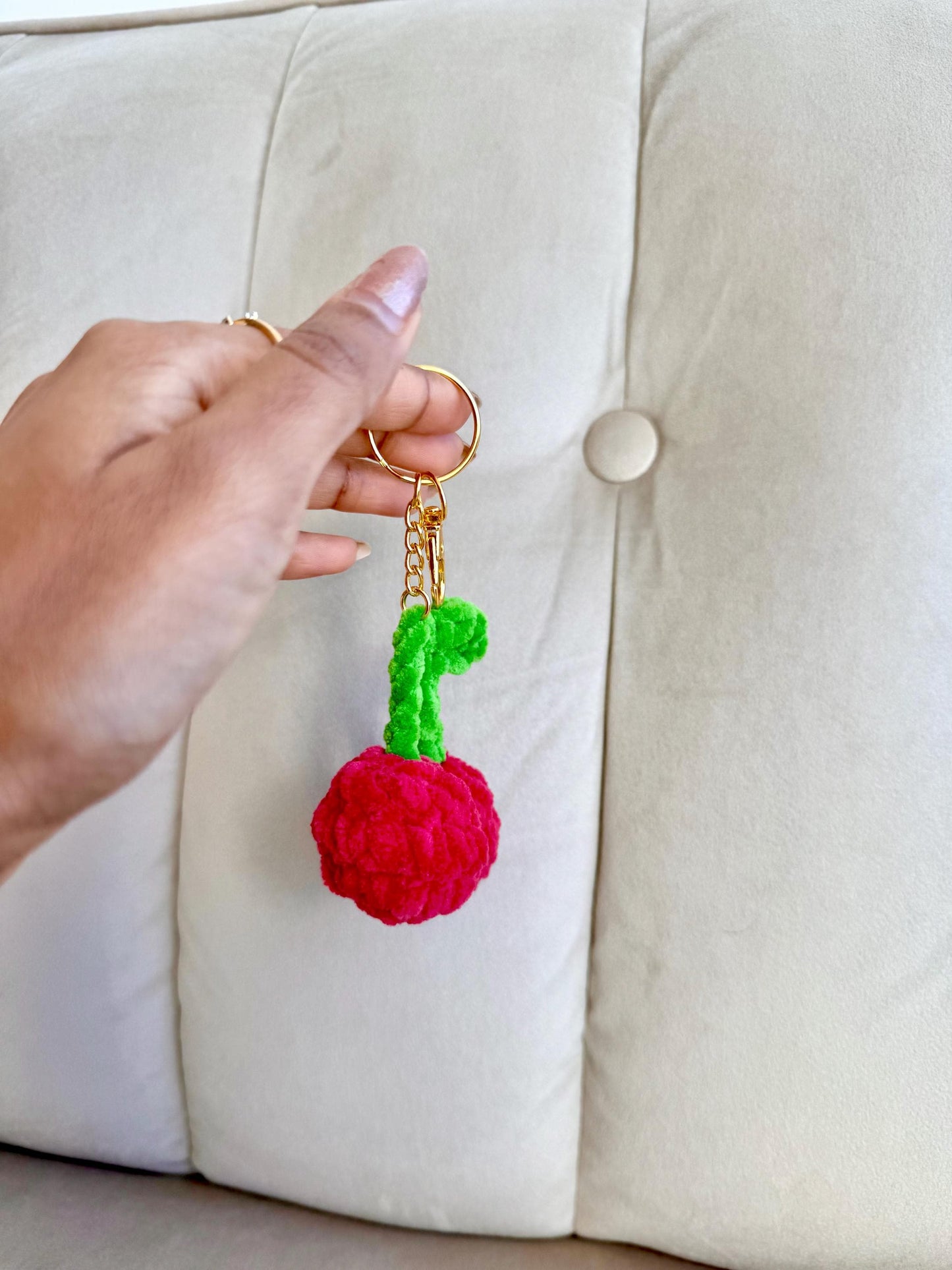 Crochet Cherry Bag Charm, Plush Cherry Keychain, Handmade Amigurumi Fruit, Kawaii Accessory