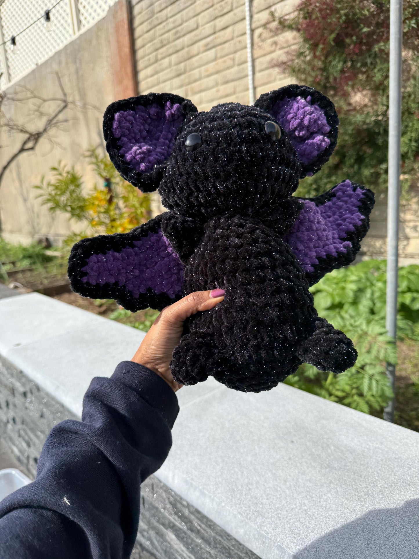 Sparkly Black and Purple Bat Amigurumi, Large Plushie Decor
