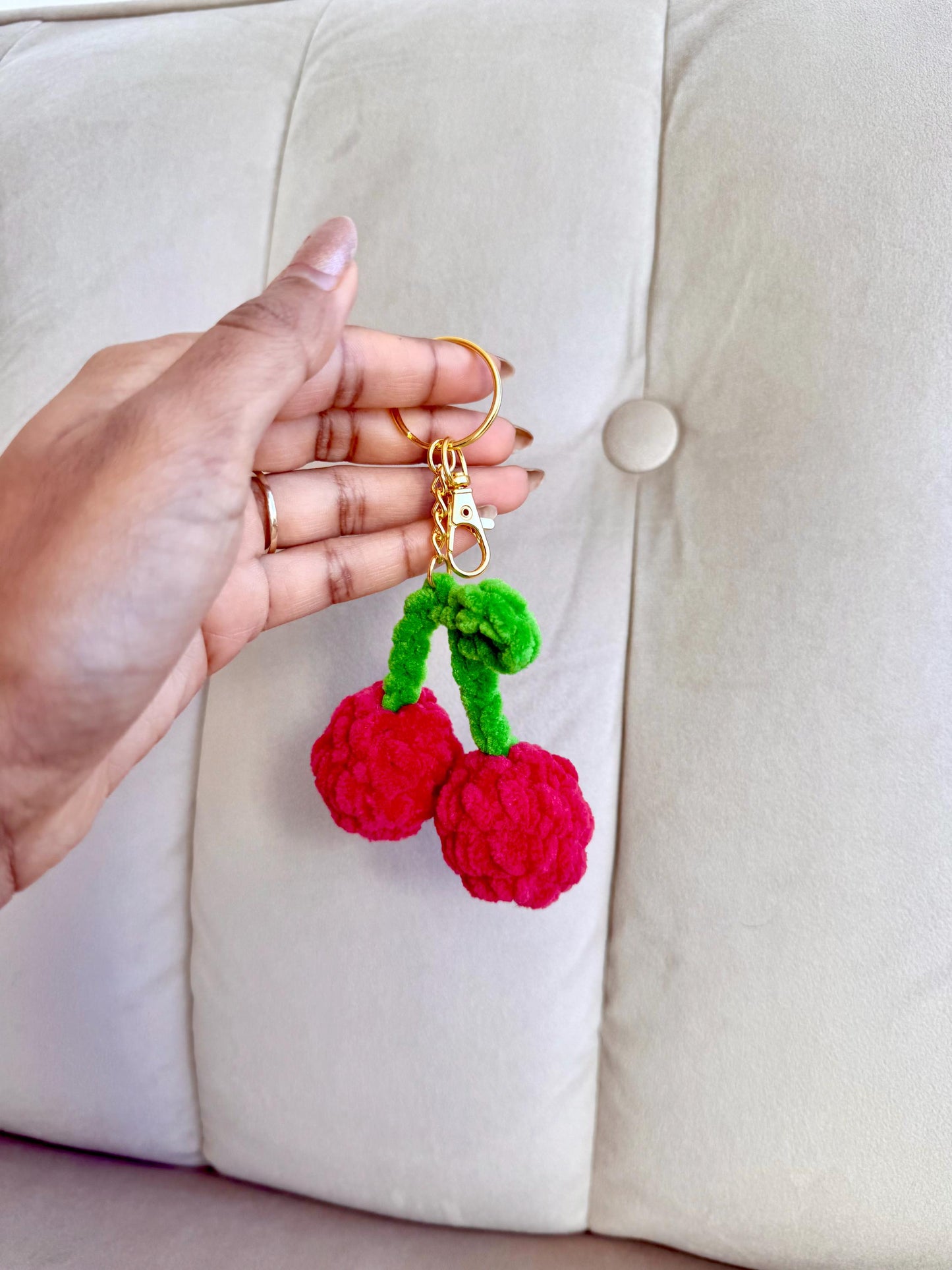 Crochet Cherry Bag Charm, Plush Cherry Keychain, Handmade Amigurumi Fruit, Kawaii Accessory