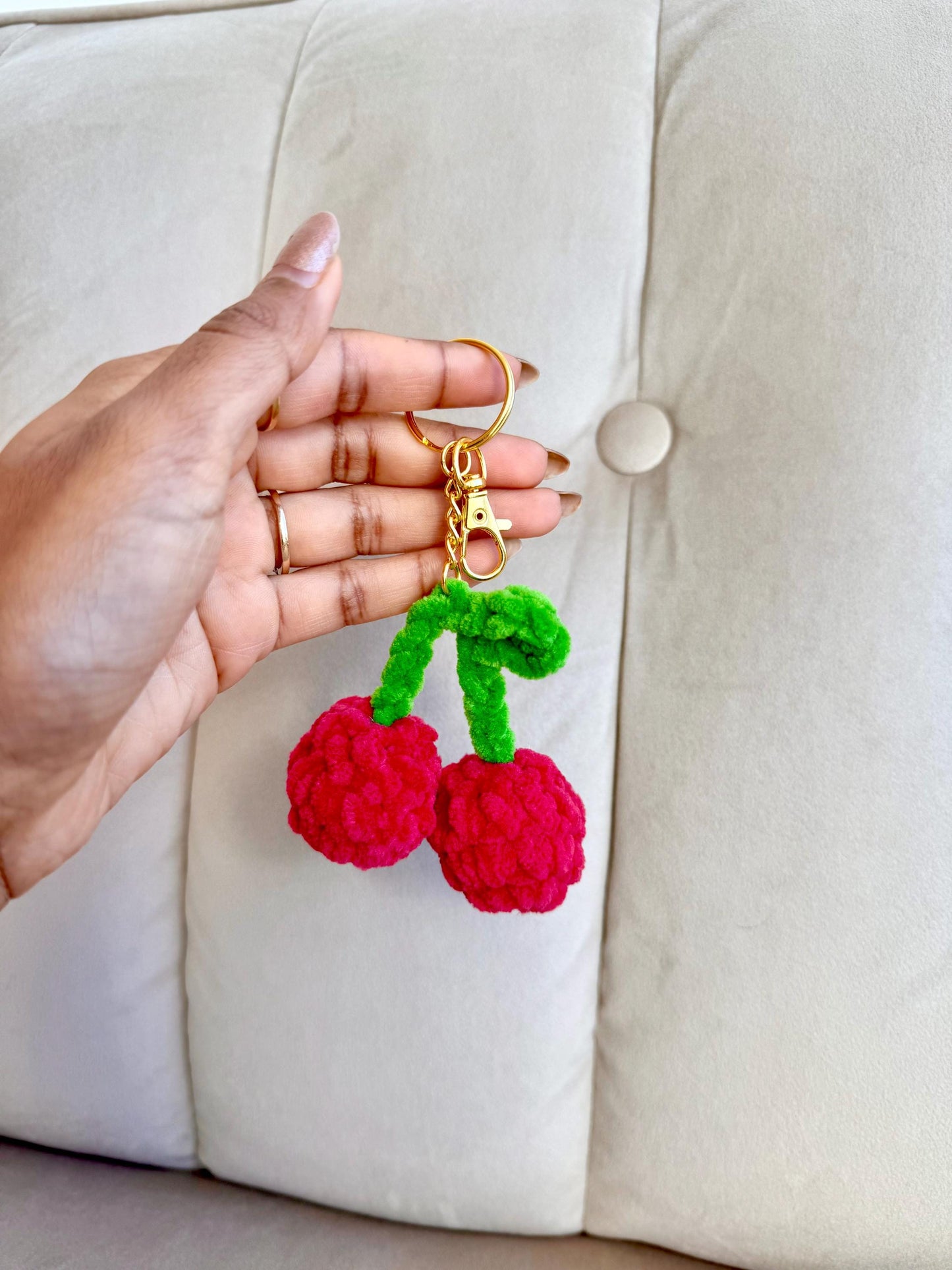 Crochet Cherry Bag Charm, Plush Cherry Keychain, Handmade Amigurumi Fruit, Kawaii Accessory