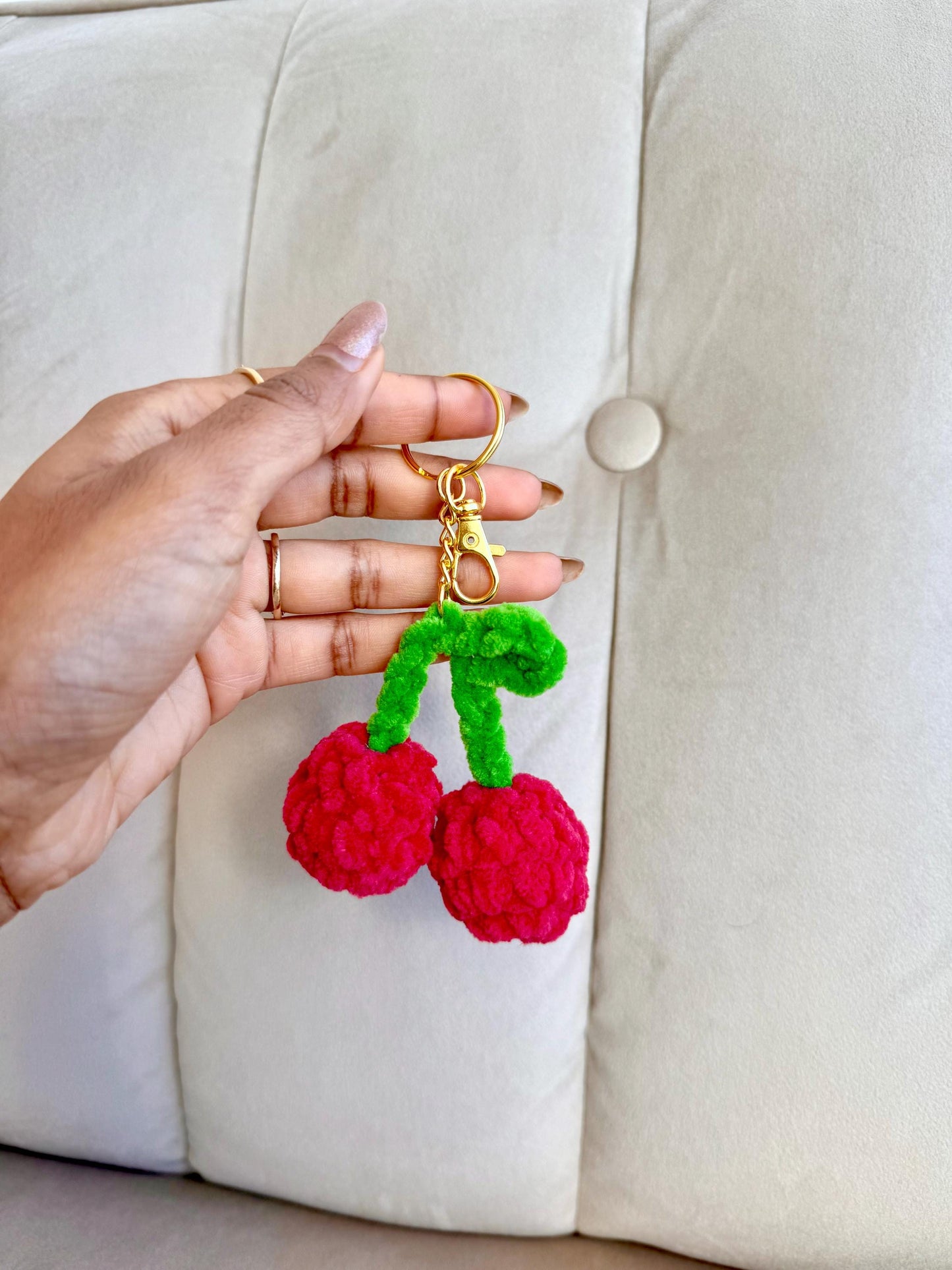 Crochet Cherry Bag Charm, Plush Cherry Keychain, Handmade Amigurumi Fruit, Kawaii Accessory