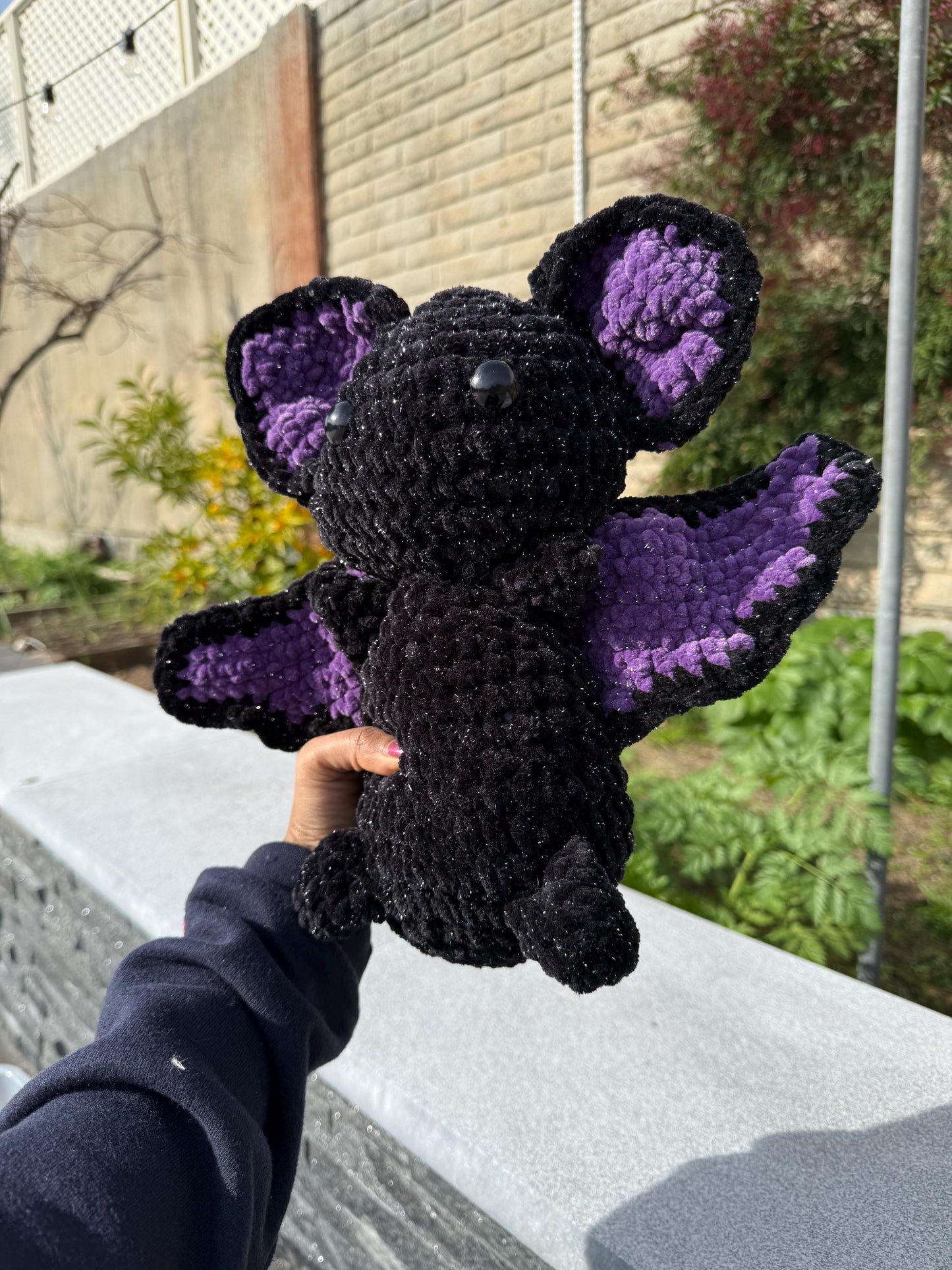 Sparkly Black and Purple Bat Amigurumi, Large Plushie Decor