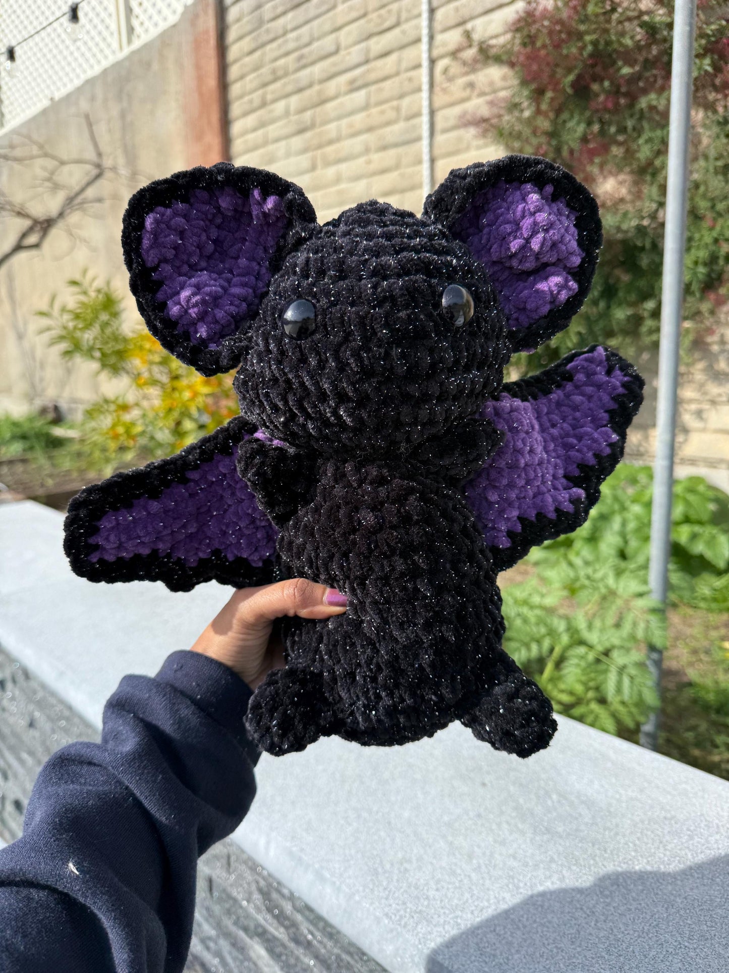 Sparkly Black and Purple Bat Amigurumi, Large Plushie Decor