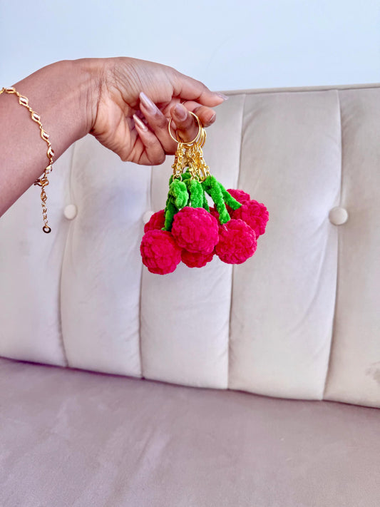 Crochet Cherry Bag Charm, Plush Cherry Keychain, Handmade Amigurumi Fruit, Kawaii Accessory