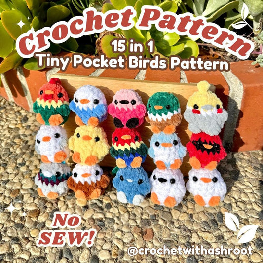 Tiny Pocket Bird Crochet Pattern, 15 in 1 No Sew Amigurumi (PDF Pattern)