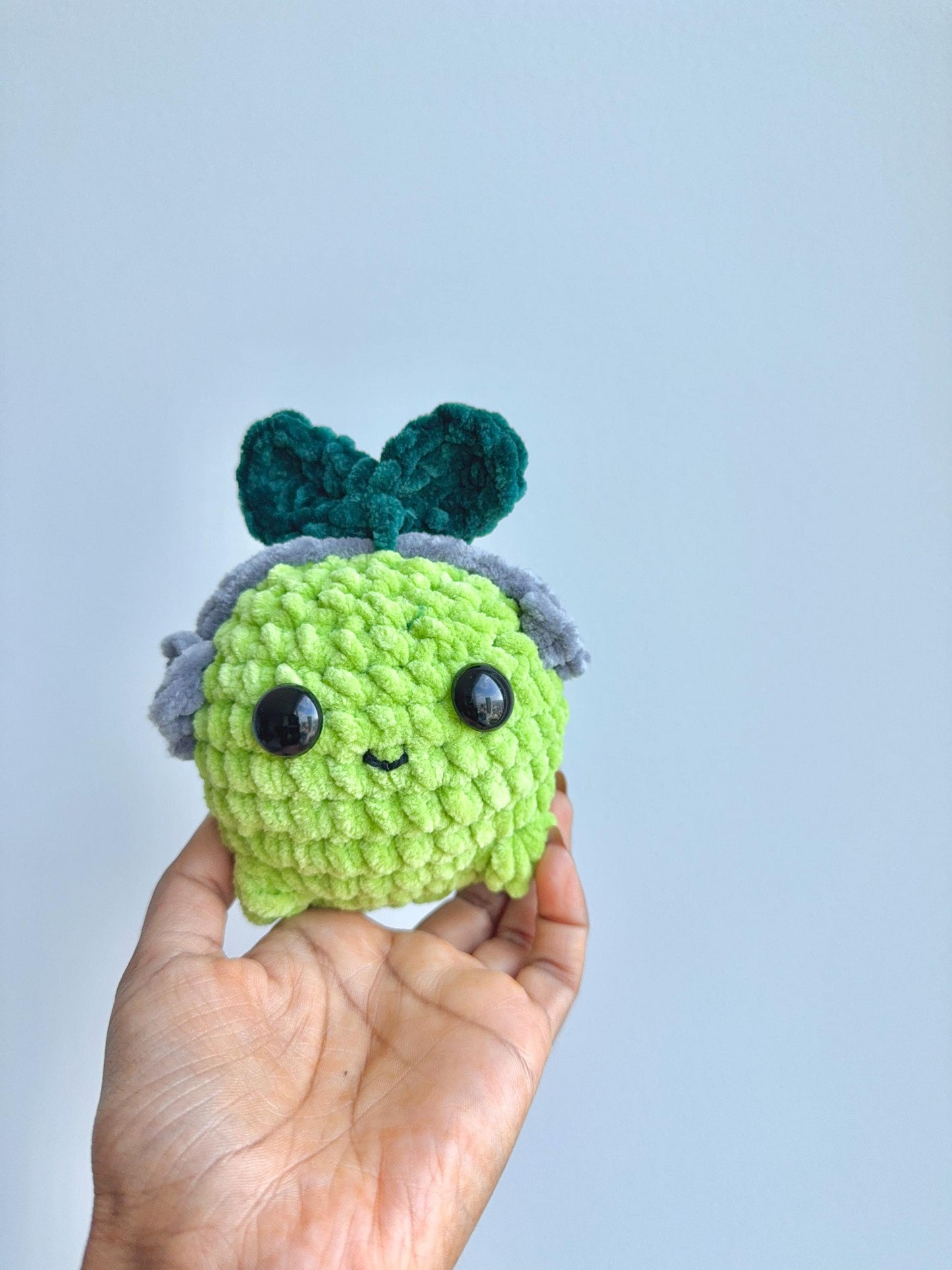 Crochet Lime Plushie with Headphones, Handmade Desk Buddy