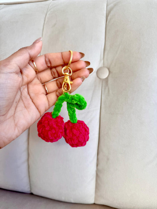 Crochet Cherry Bag Charm, Plush Cherry Keychain, Handmade Amigurumi Fruit, Kawaii Accessory