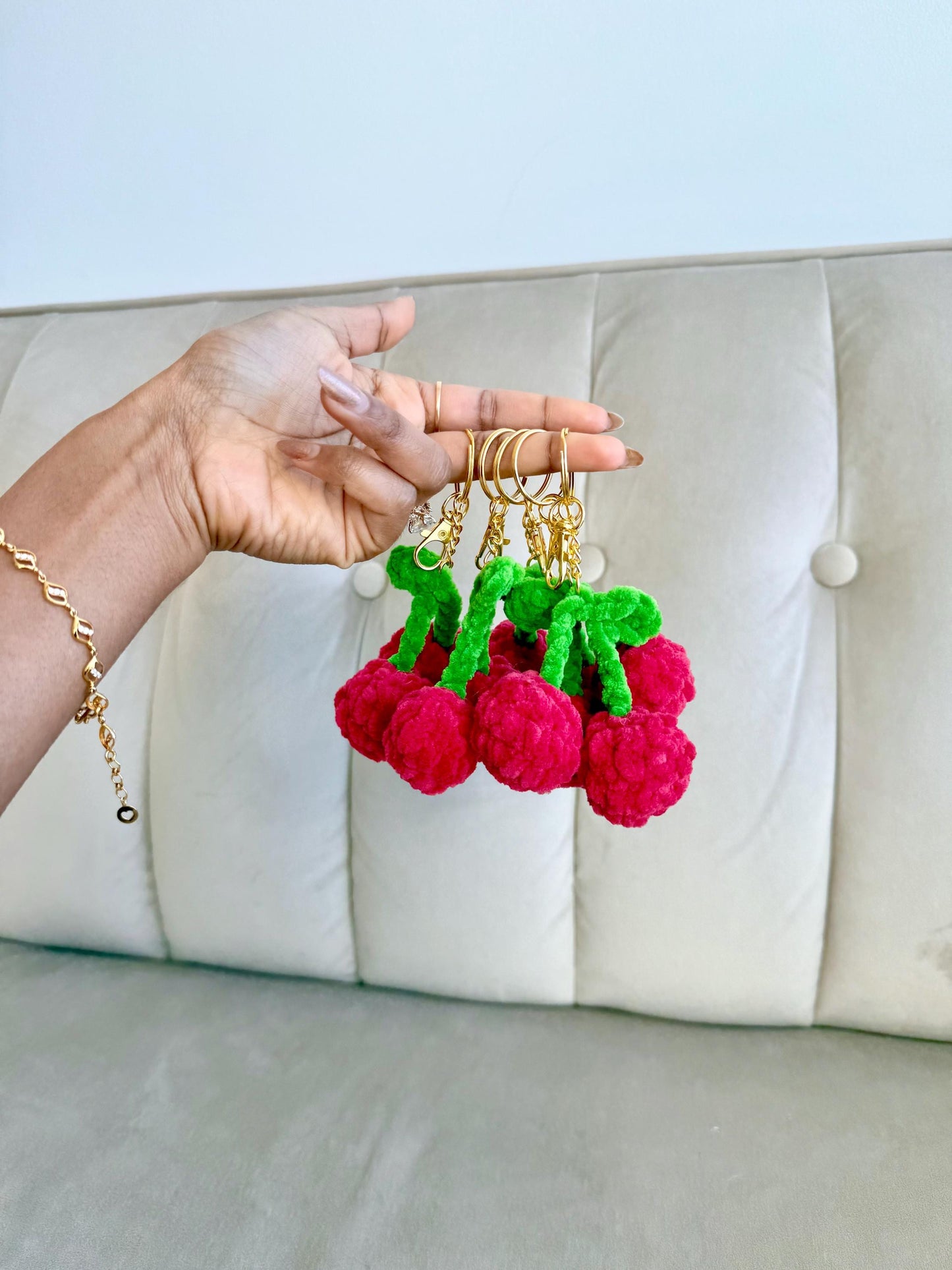 Crochet Cherry Bag Charm, Plush Cherry Keychain, Handmade Amigurumi Fruit, Kawaii Accessory